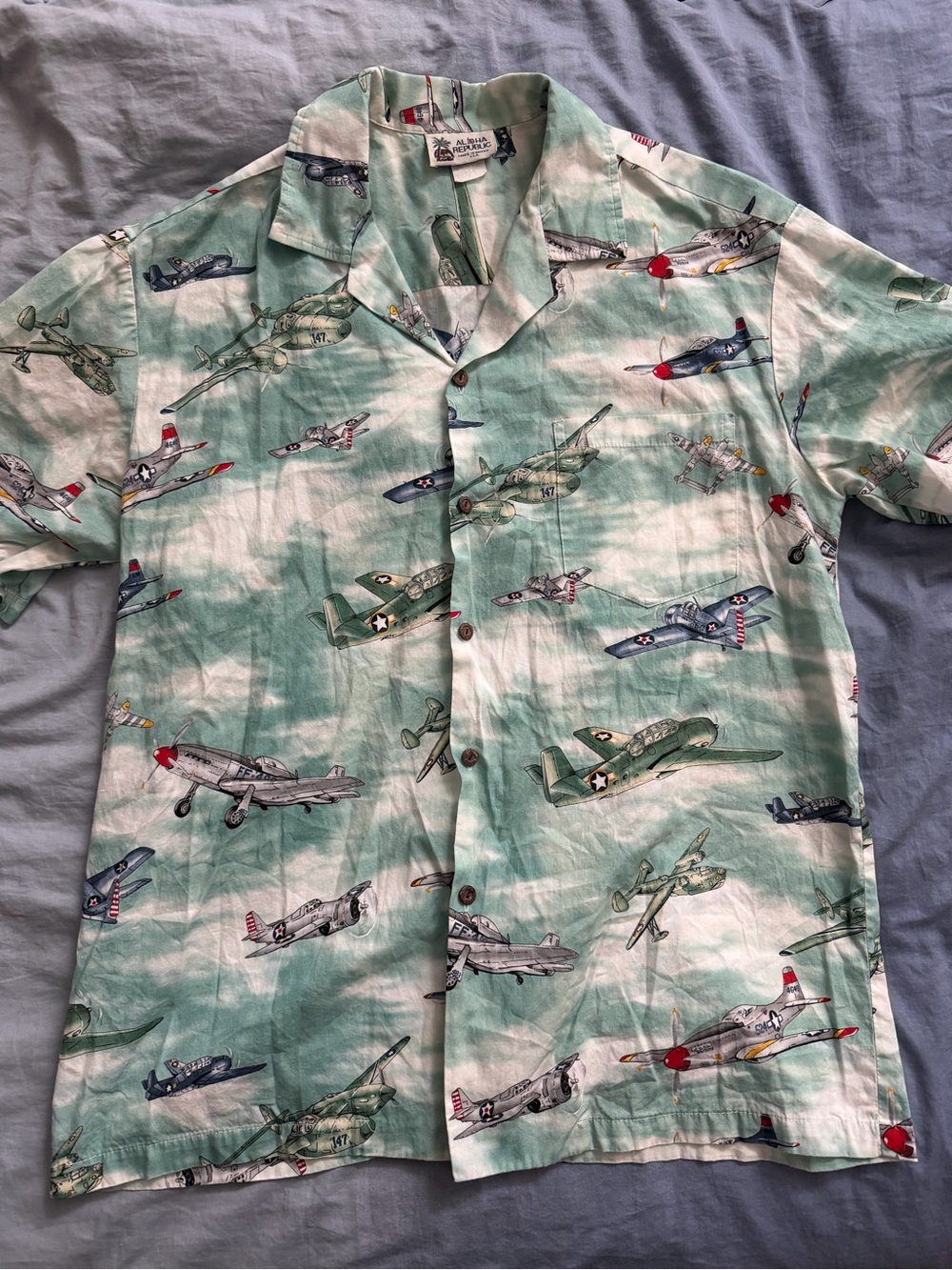 VTG Aloha Republic WWII Fighter Jet Bomber Airplane Hawaiian Shirt Cotton